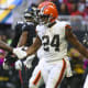 Oct 2, 2022; Atlanta, Georgia, USA; Cleveland Browns running back Nick Chubb (24) celebrates after a touchdown with running back Kareem Hunt (27) against the Atlanta Falcons in the second half at Mercedes-Benz Stadium. Mandatory Credit: Brett Davis-USA TODAY Sports